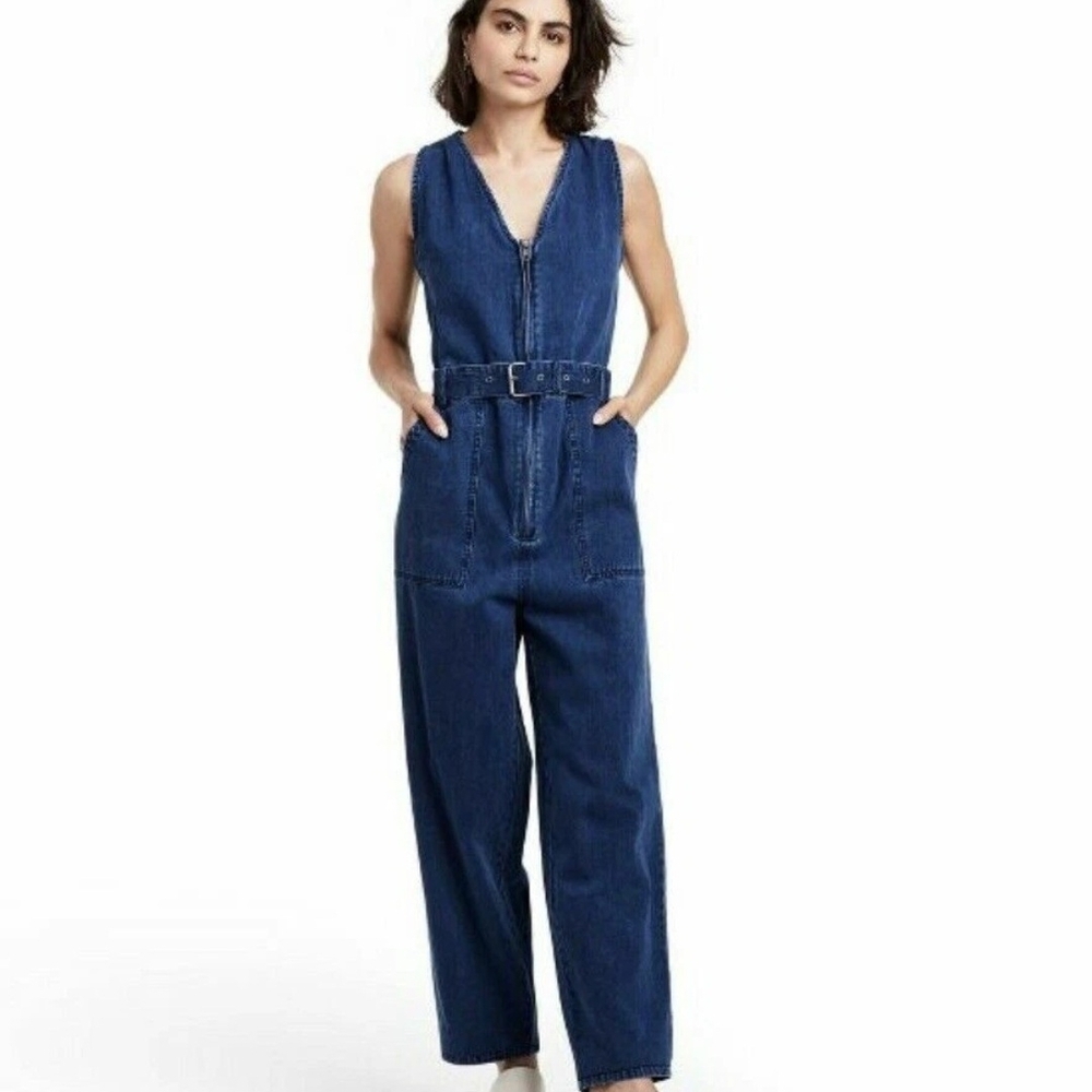 Rachel Comey Indigo Denim Sleeveless Belted Jumpsuit